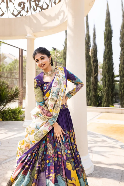 Ethnic Kalamkari Lehenga with Intricate Nature-Inspired Patterns.