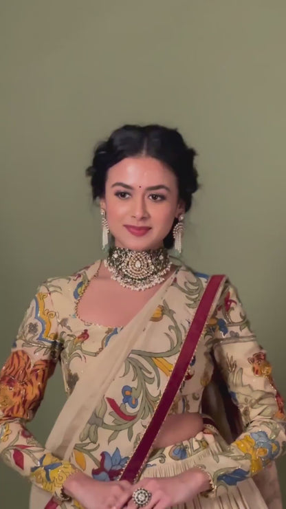 Off White Kalamkari Print Chent Crepe Silk Lehenga Choli Set